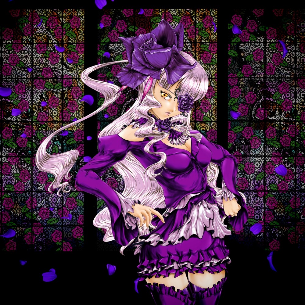 1girl barasuishou breasts cleavage dress eyepatch flower frills hand_on_hip image long_hair purple_flower purple_rose red_flower red_rose rose silver_hair solo thighhighs thorns yellow_eyes zettai_ryouiki