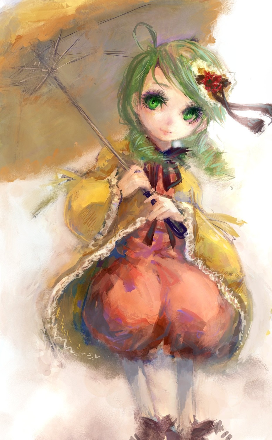 1girl dress flower frills green_eyes green_hair hair_ornament holding_umbrella image kanaria long_sleeves parasol short_hair solo umbrella