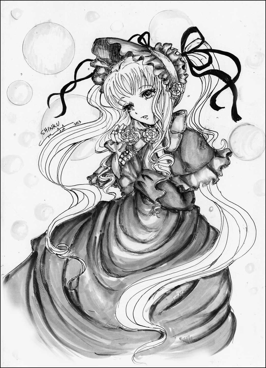 1girl artist_name bonnet dated dress flower frills full_moon graphite_(medium) greyscale image long_hair monochrome moon ribbon rose shinku solo traditional_media very_long_hair