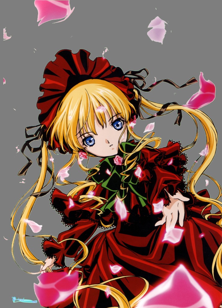 1girl blonde_hair blue_eyes bonnet bow bowtie dress flower green_background green_bow image long_hair long_sleeves looking_at_viewer petals pink_flower red_dress ribbon rose shinku sidelocks solo transparent_background twintails