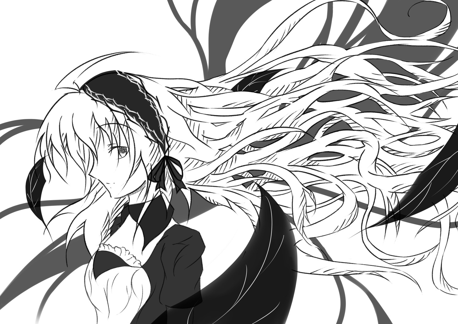 1girl ahoge breasts closed_mouth dress floating_hair frills greyscale hairband image long_hair long_sleeves monochrome solo suigintou upper_body very_long_hair white_background wings