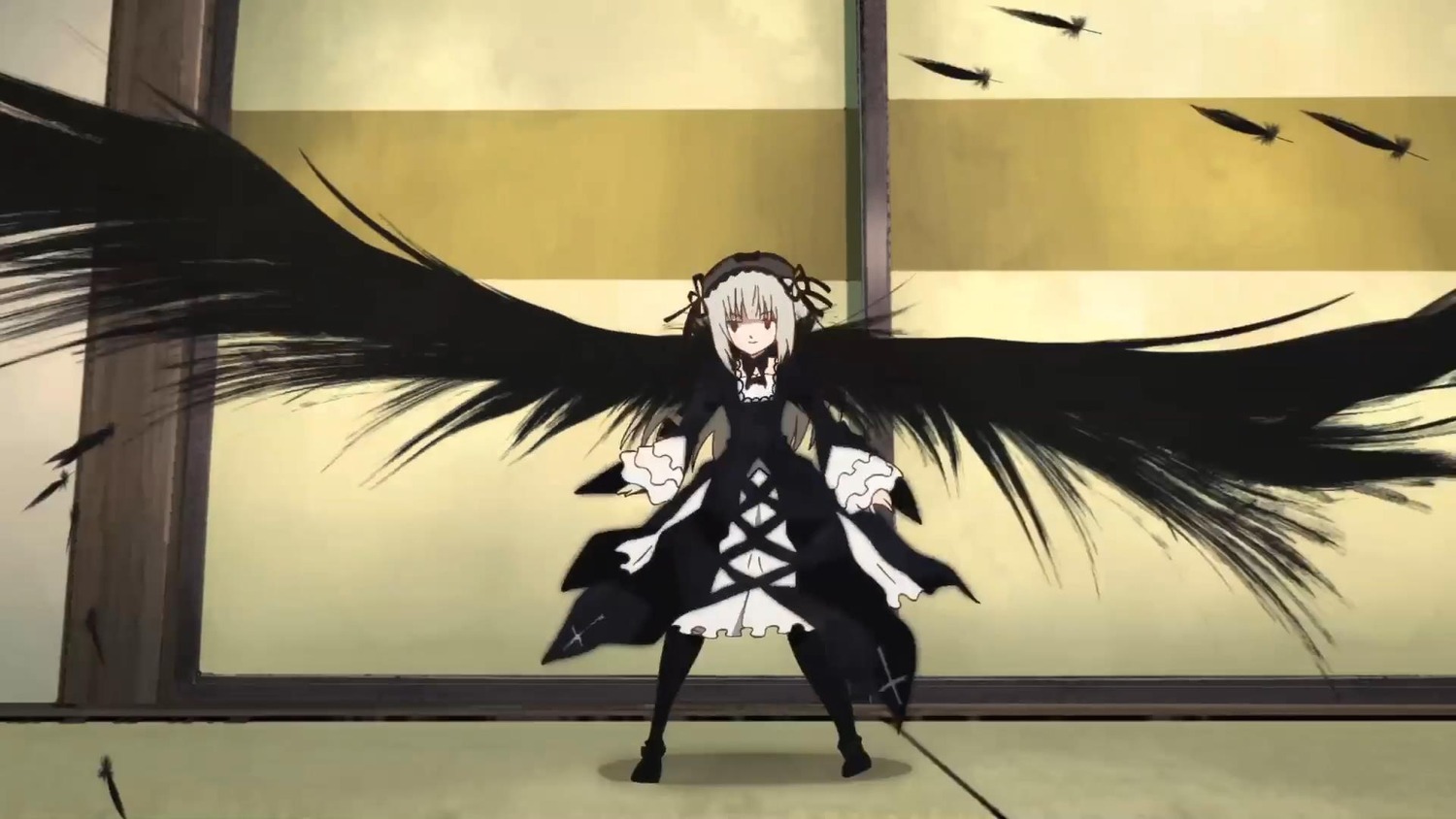 1girl auto_tagged black_wings dress feathers flower frills hairband image long_hair long_sleeves looking_at_viewer rose silver_hair solo suigintou very_long_hair wings