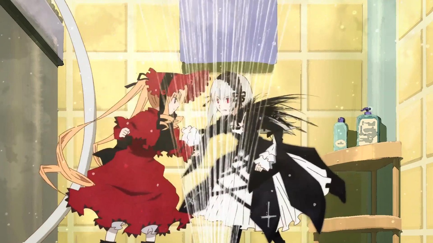 auto_tagged black_hair curtains image japanese_clothes long_hair multiple_girls pair red_eyes shinku suigintou sword weapon