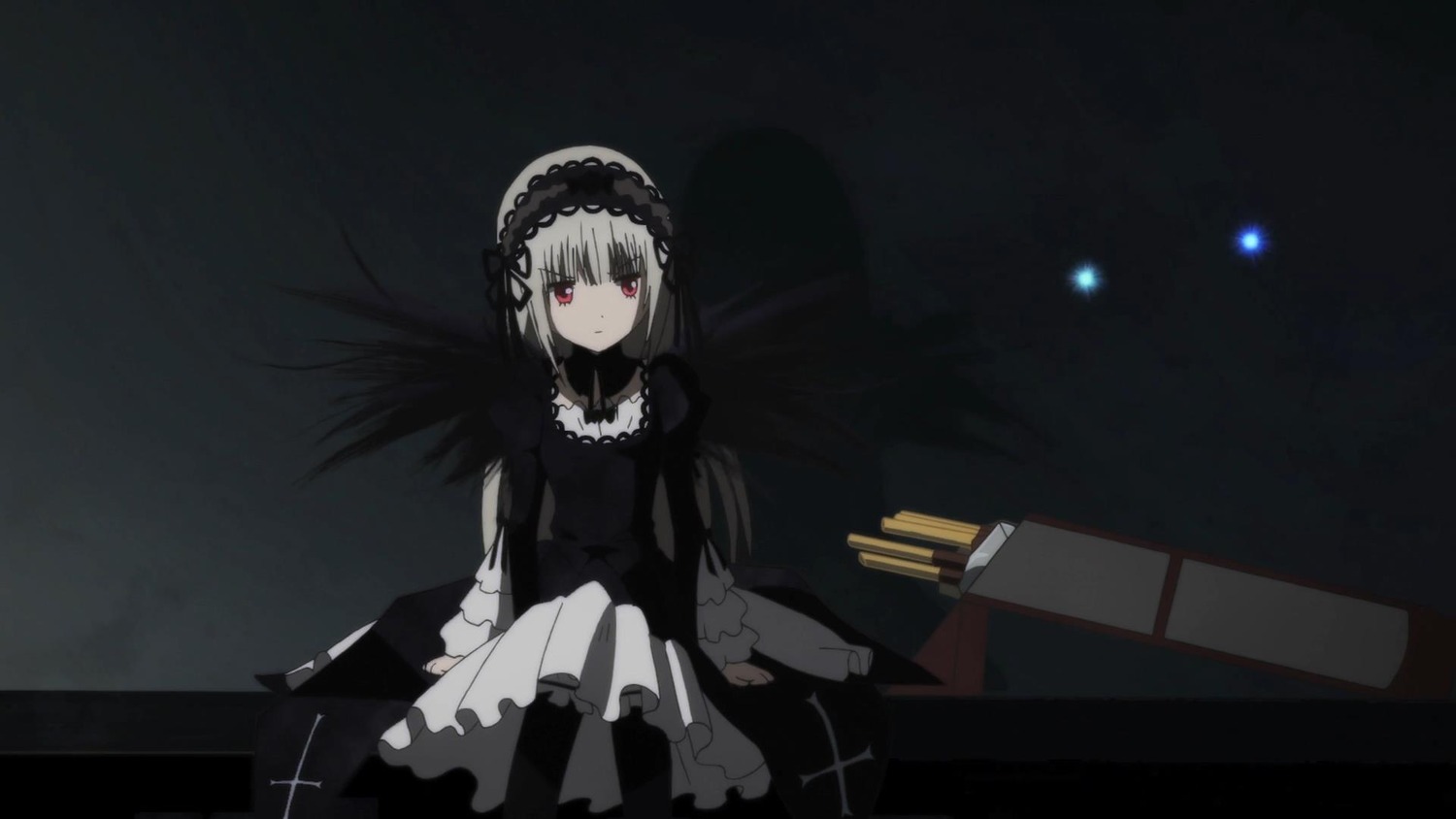 1girl bangs black_dress chair closed_mouth dress frills hairband image long_hair long_sleeves looking_at_viewer red_eyes ribbon silver_hair sitting solo suigintou wings