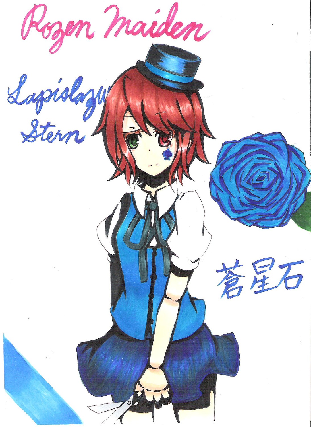 1girl blue_flower blue_rose flower green_eyes hat heterochromia image red_eyes red_hair rose short_hair solo souseiseki