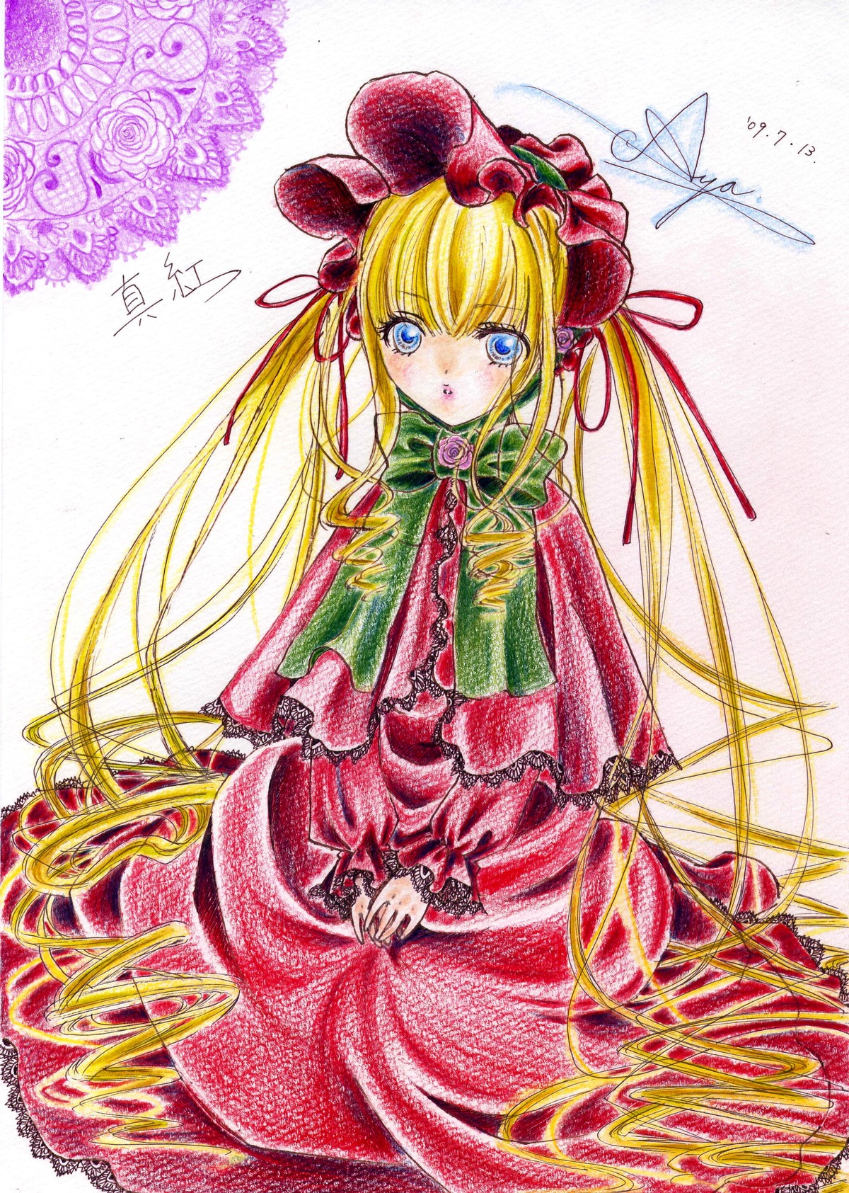 1girl blonde_hair blue_eyes blush bonnet bow bowtie dress flower frills image long_hair long_sleeves looking_at_viewer marker_(medium) red_dress rose shinku signature solo traditional_media twintails very_long_hair white_background