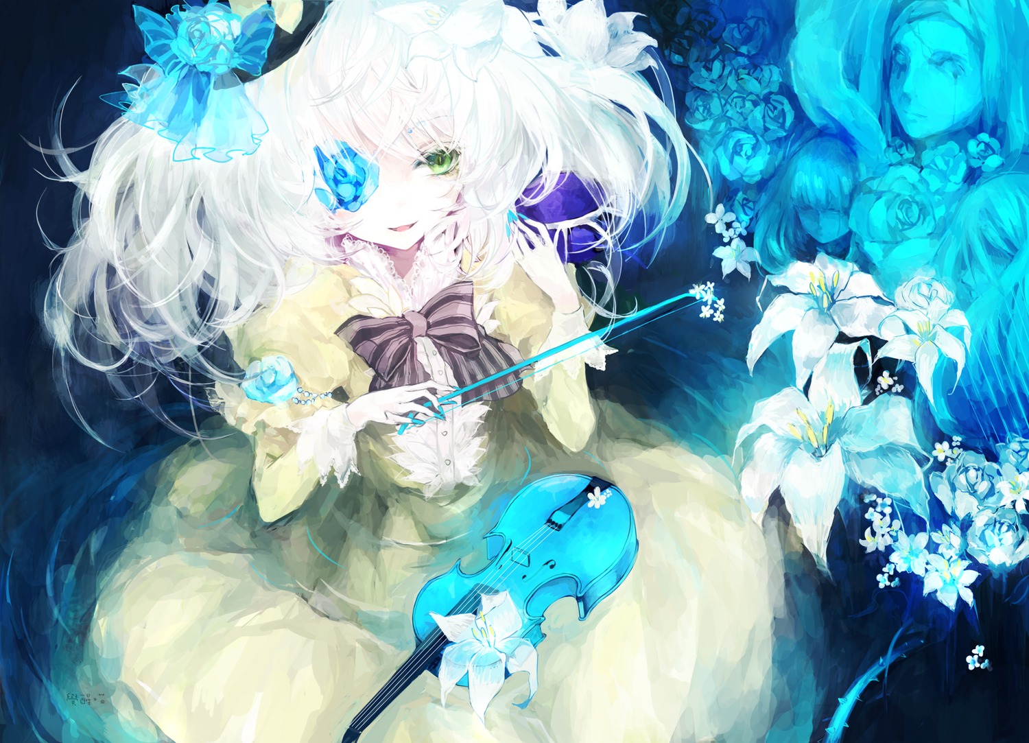 1girl blue_flower bow flower green_eyes image kirakishou long_hair looking_at_viewer silver_hair solo white_hair