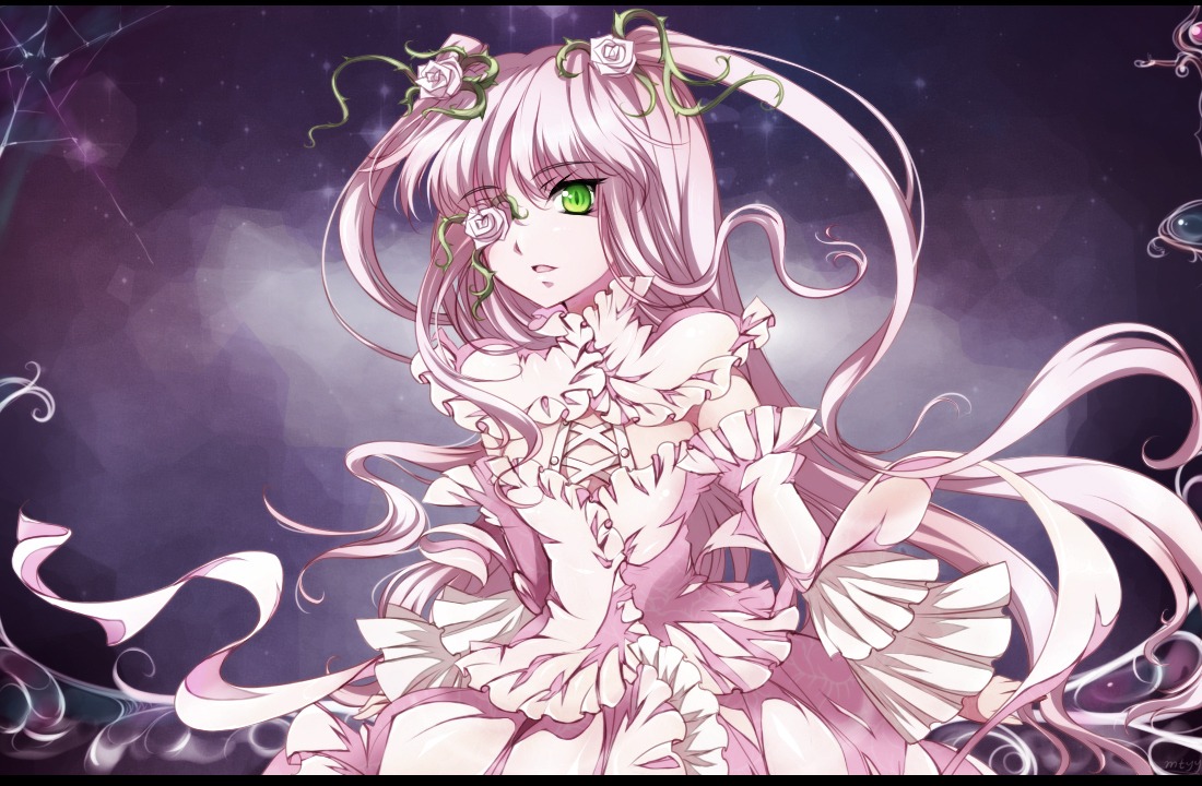 1girl commentary_request detached_sleeves dress elbow_gloves eyepatch flower frills gloves green_eyes hair_flower hair_ornament image kirakishou letterboxed long_hair mtyy photoshop_(medium) pillarboxed pink_flower pink_hair pink_rose rose rozen_maiden solo very_long_hair