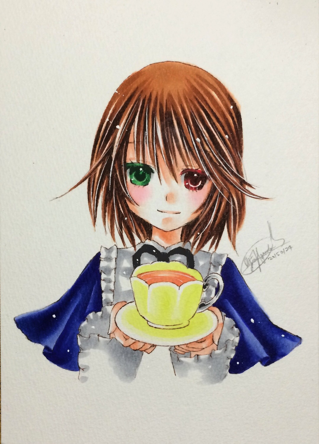 1girl blue_dress bow brown_hair closed_mouth cup food green_eyes heterochromia holding image long_sleeves looking_at_viewer red_eyes short_hair signature smile solo souseiseki traditional_media upper_body