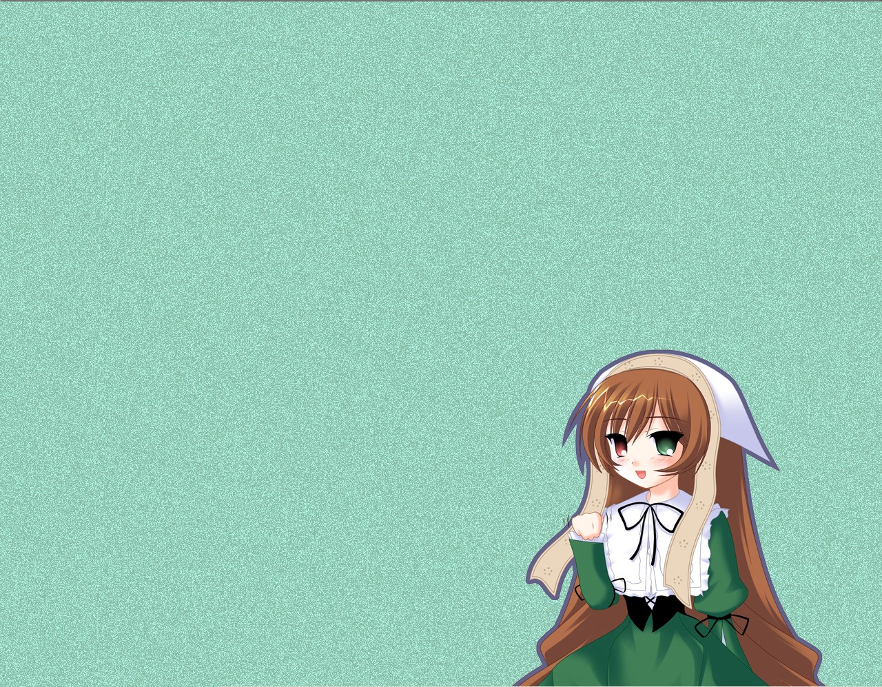 1girl brown_hair dress green_dress green_eyes head_scarf heterochromia image long_hair long_sleeves looking_at_viewer red_eyes simple_background solo suiseiseki tongue tongue_out very_long_hair
