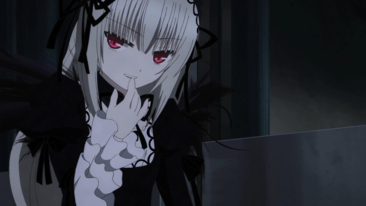 1girl bangs black_dress black_ribbon black_wings dress eyebrows_visible_through_hair finger_to_mouth frills hairband image long_hair long_sleeves looking_at_viewer red_eyes ribbon silver_hair smile solo suigintou upper_body wings