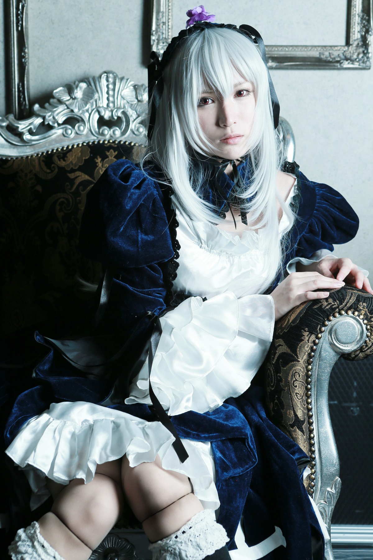 1girl dress frills lips long_hair long_sleeves photo sitting solo suigintou white_hair