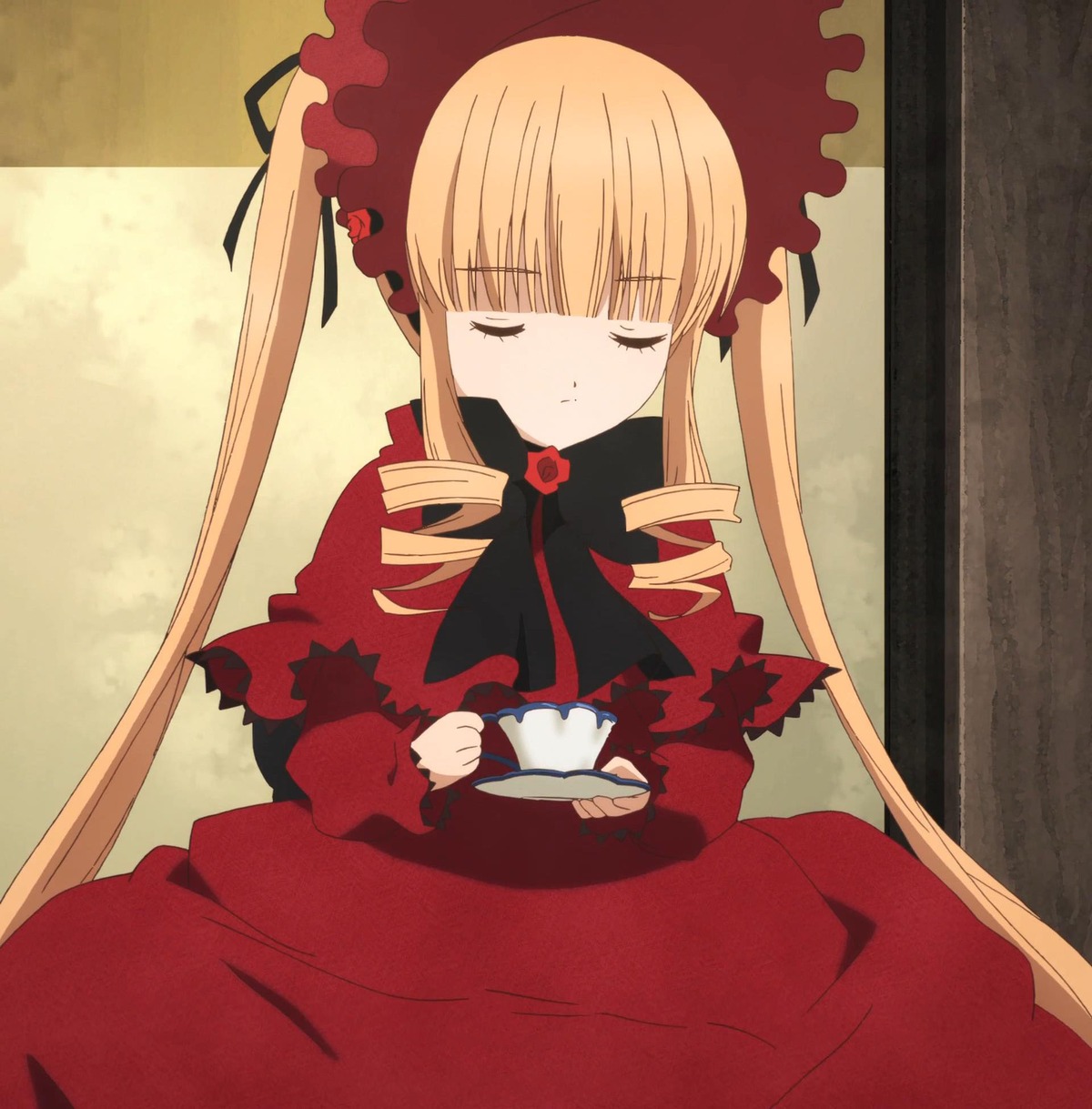 1girl auto_tagged blonde_hair bonnet bow closed_eyes cup dress drill_hair holding holding_cup image long_hair long_sleeves red_dress saucer shinku sitting solo table tea teacup twintails