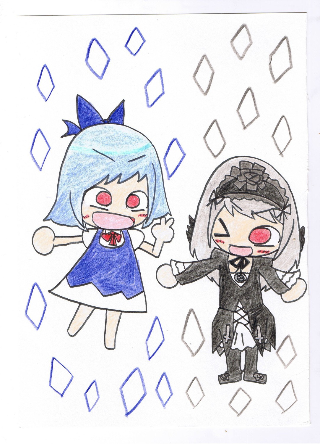 2girls blue_hair bow chibi cirno dress hairband ice image lolita_hairband multiple_girls open_mouth red_eyes ribbon short_hair silver_hair solo suigintou wings