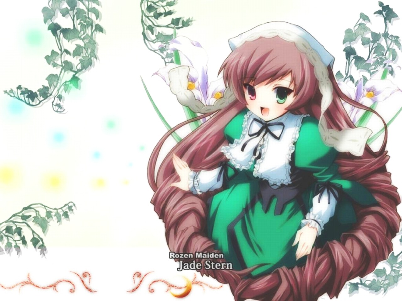 1girl :d brown_hair dress drill_hair frills green_dress green_eyes hat head_scarf heterochromia image long_hair long_sleeves looking_at_viewer open_mouth plant red_eyes smile solo suiseiseki twin_drills twintails very_long_hair watering_can