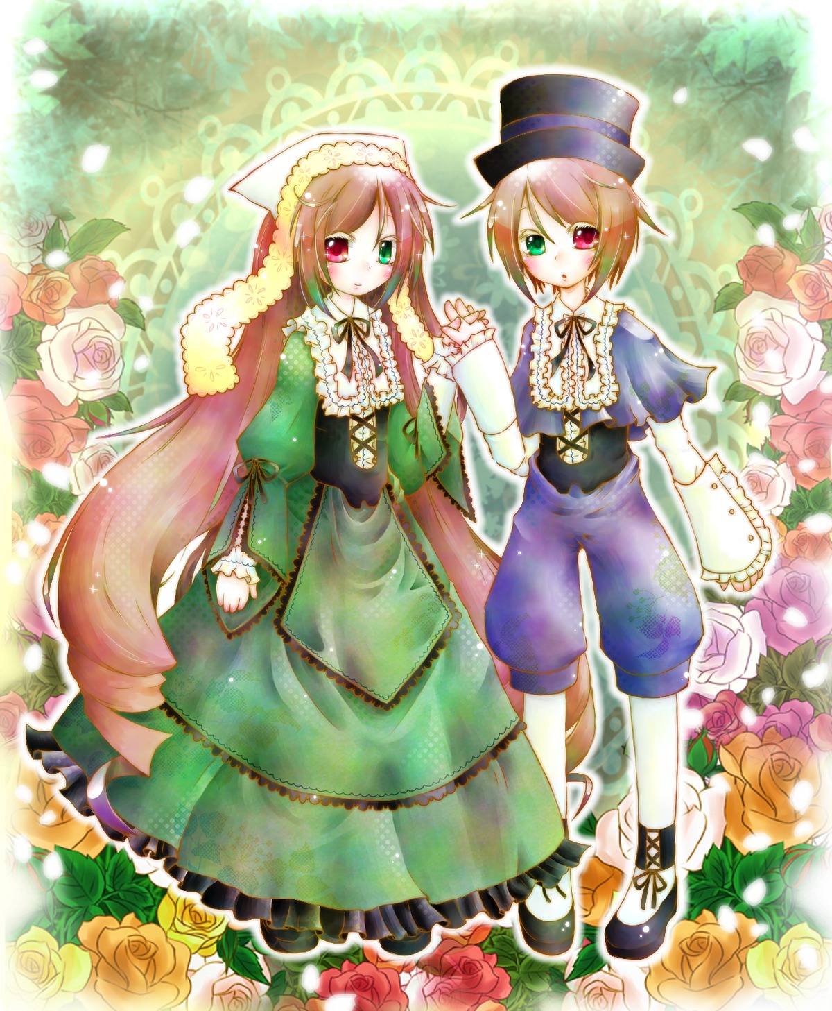 2girls brown_hair dress flower frills hat heterochromia holding_hands image long_hair long_sleeves multiple_girls orange_flower pair pink_flower pink_rose purple_rose red_eyes red_flower red_rose rose short_hair siblings sisters souseiseki suiseiseki thorns top_hat twins very_long_hair watering_can white_flower white_rose yellow_flower yellow_rose