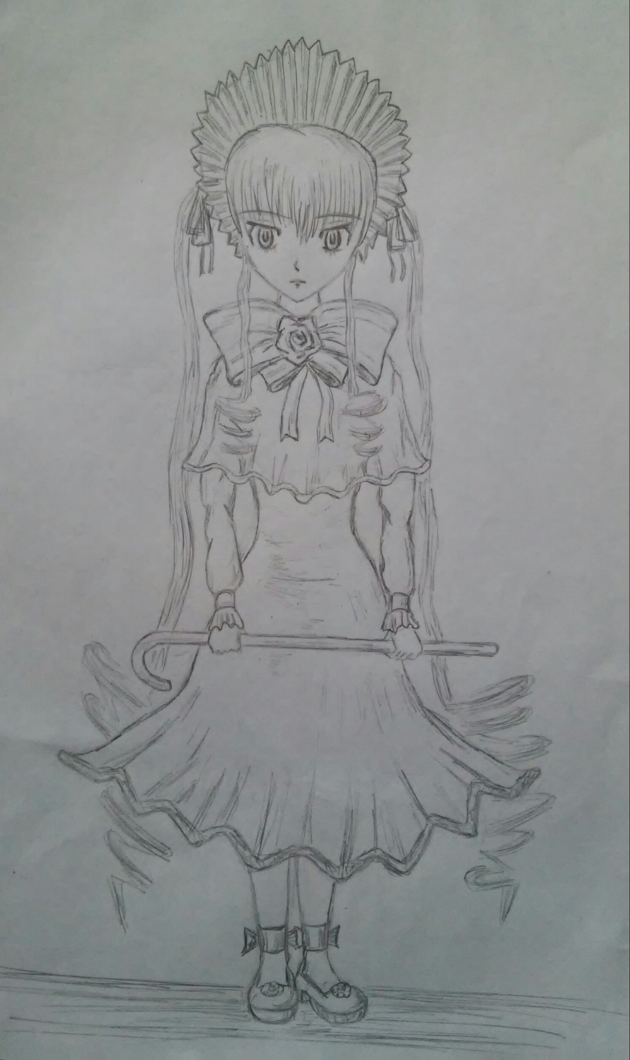 1girl bow bowtie dress full_body greyscale hat holding image long_dress long_hair long_sleeves looking_at_viewer monochrome shinku solo standing twintails very_long_hair