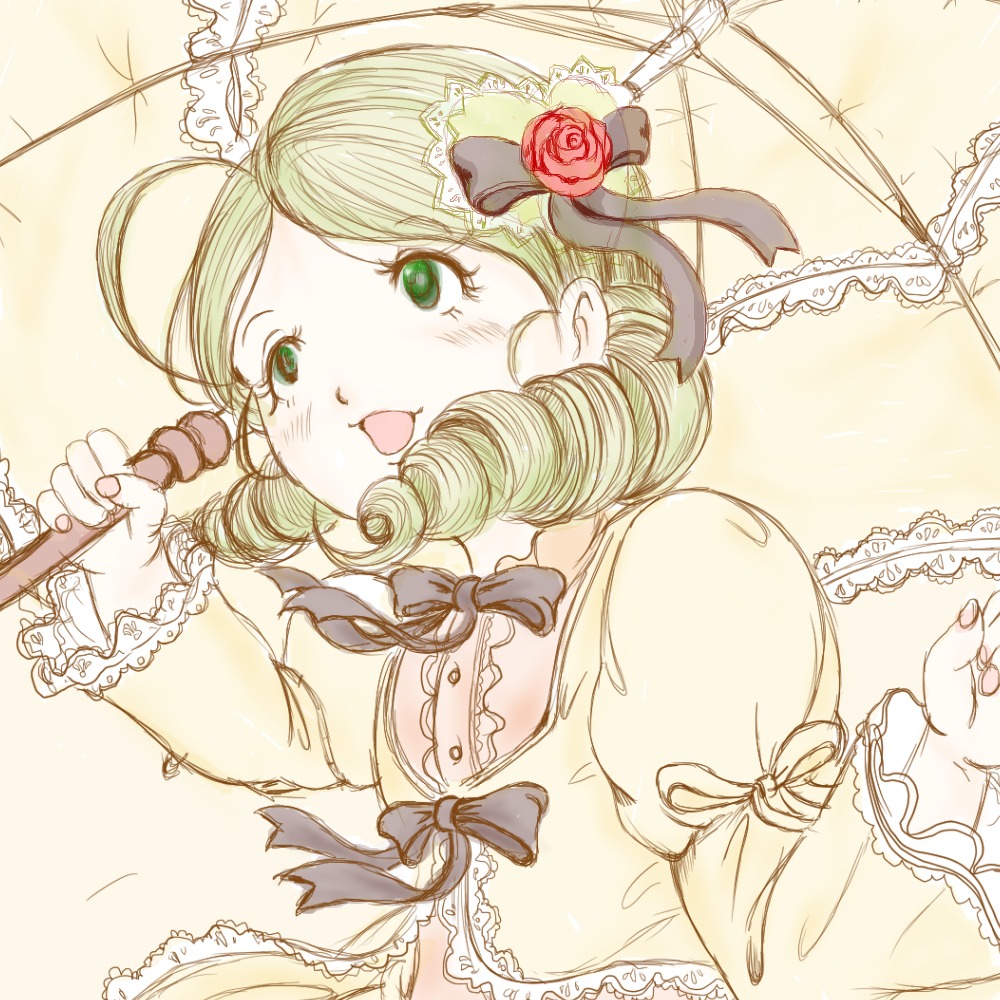 1girl blush bow dress drill_hair flower green_eyes hair_ornament heart holding_umbrella image kanaria long_sleeves microphone open_mouth parasol puffy_sleeves rose smile solo umbrella