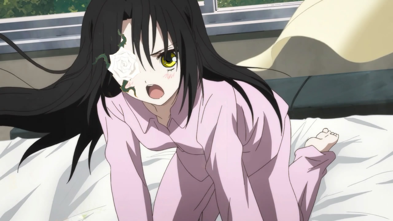 1girl barefoot bed black_hair flower image indoors kirakishou long_hair on_bed one_eye_closed open_mouth pajamas rose solo yellow_eyes