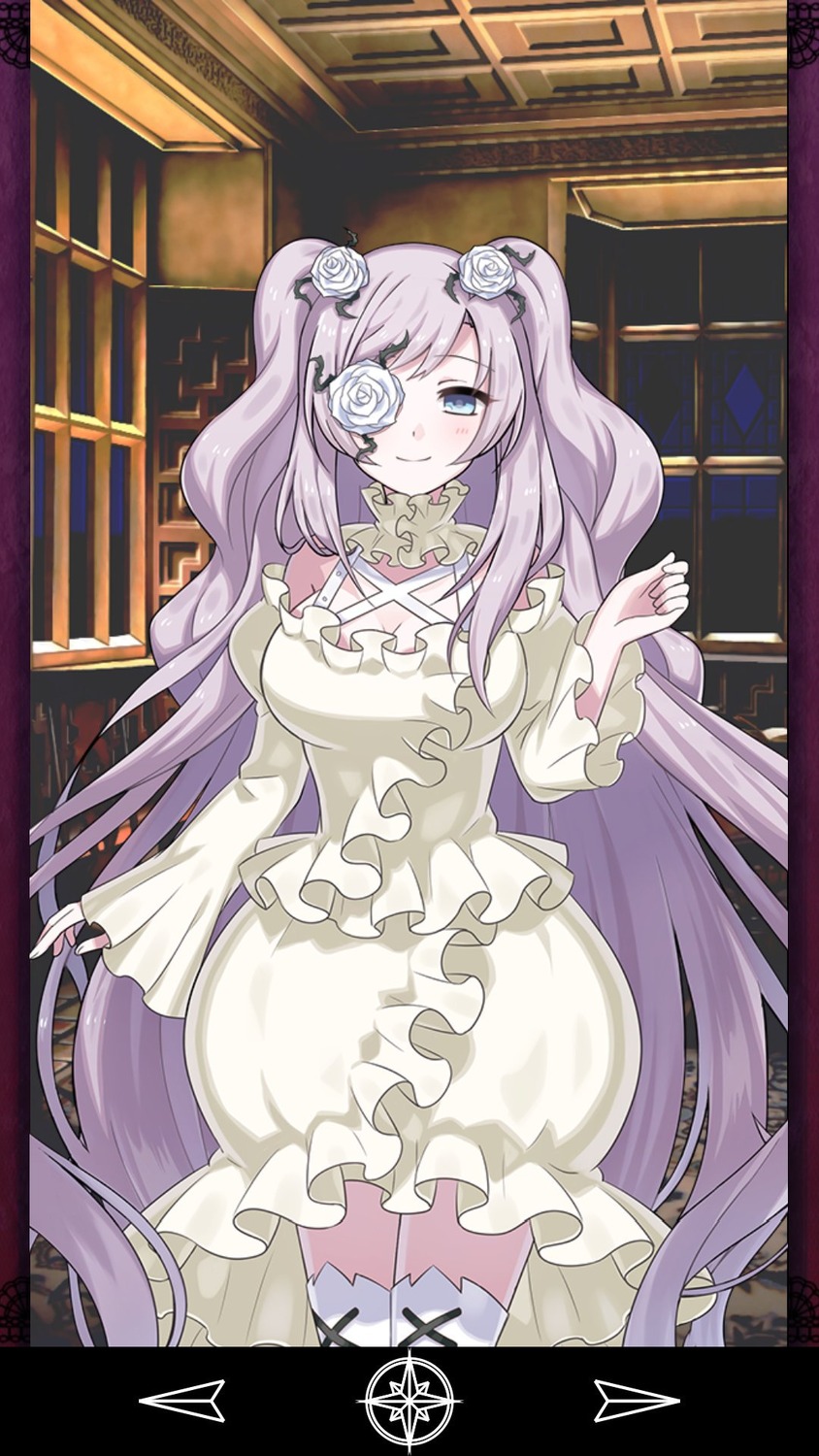 1girl blue_eyes breasts cleavage dress flower frilled_dress frills hair_flower hair_ornament image kirakishou large_breasts long_hair long_sleeves looking_at_viewer rose smile solo thighhighs twintails very_long_hair white_dress white_rose