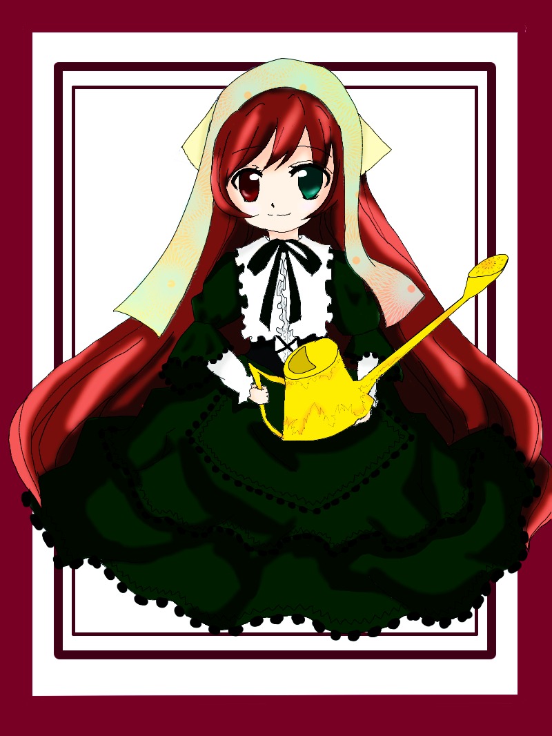 1girl dress frills full_body green_dress green_eyes heterochromia image long_hair long_sleeves looking_at_viewer red_eyes smile solo suiseiseki very_long_hair watering_can