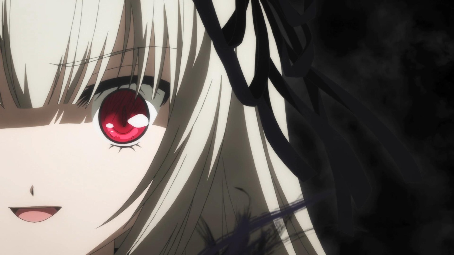 1girl black_ribbon close-up face hair_ribbon image looking_at_viewer open_mouth red_eyes ribbon smile solo suigintou