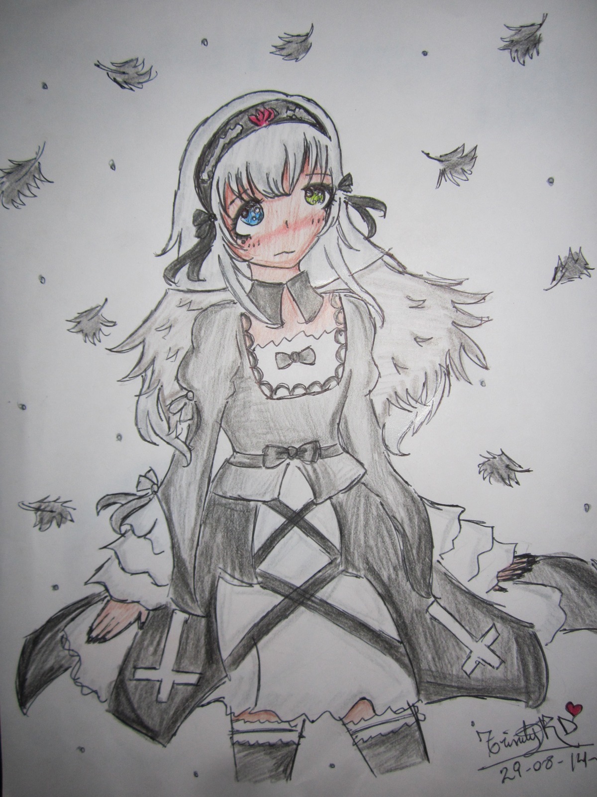 1girl blush bug butterfly closed_mouth dress grey_background hairband image insect leaf long_hair long_sleeves looking_at_viewer marker_(medium) signature silver_hair solo suigintou traditional_media