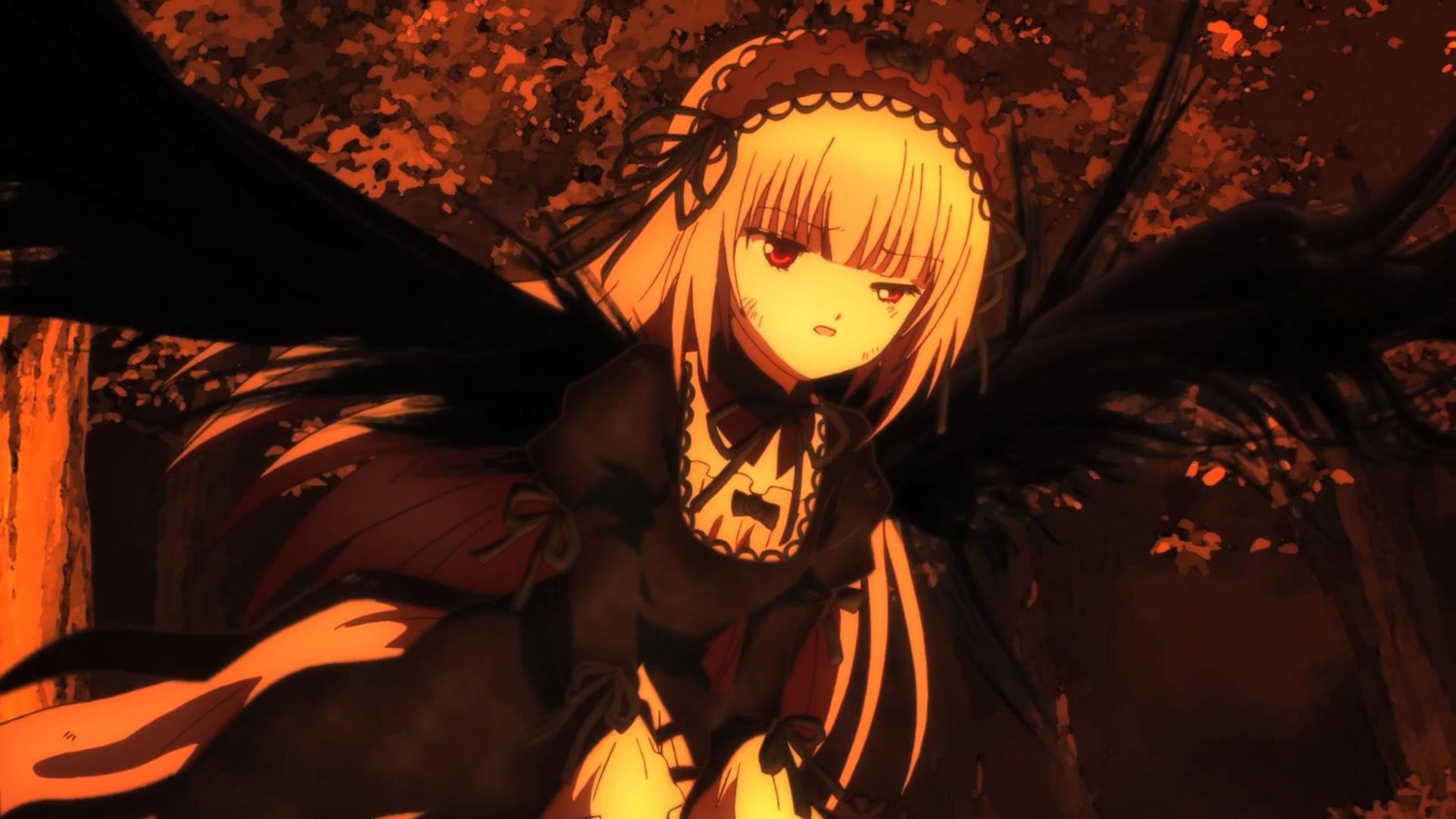 1girl auto_tagged autumn_leaves black_wings dress frills hairband heterochromia image juliet_sleeves lolita_fashion lolita_hairband long_hair long_sleeves looking_at_viewer outdoors puffy_sleeves ribbon solo suigintou tree very_long_hair