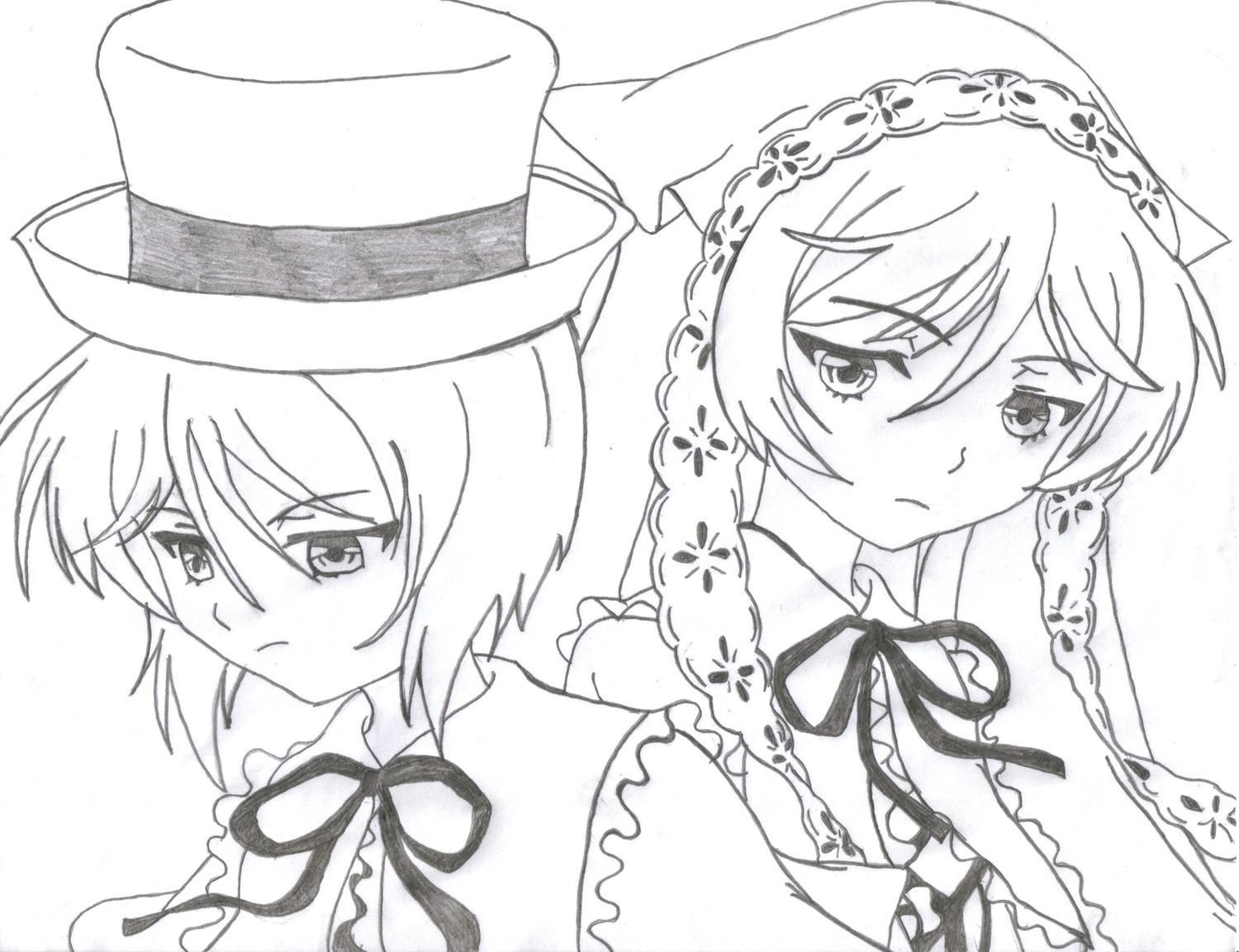 2girls blush braid frown greyscale hat image long_hair monochrome multiple_girls neck_ribbon pair ribbon short_hair souseiseki suiseiseki tears top_hat twin_braids white_background