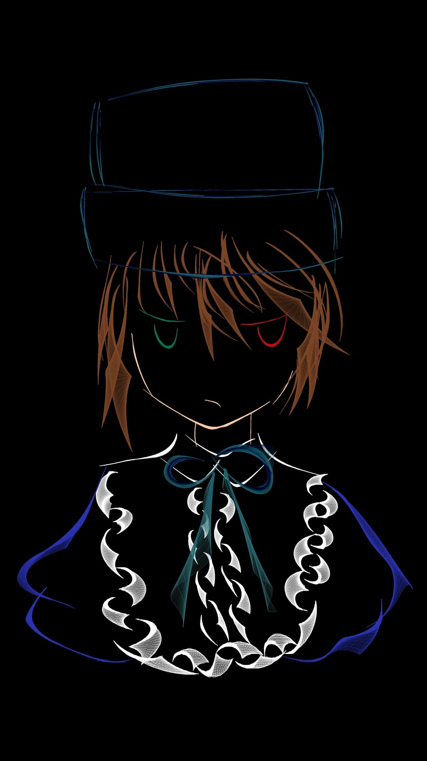 1girl black_background black_headwear blonde_hair capelet dark dress frills hat image looking_at_viewer monochrome red_eyes ribbon short_hair simple_background solo souseiseki transparent_background upper_body