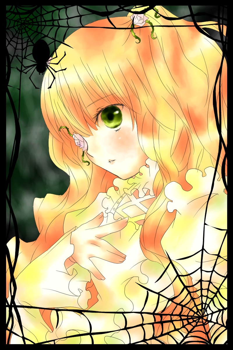 1girl black_border blonde_hair dress earrings frills green_eyes image jewelry kirakishou letterboxed long_hair silk solo spider_web vines