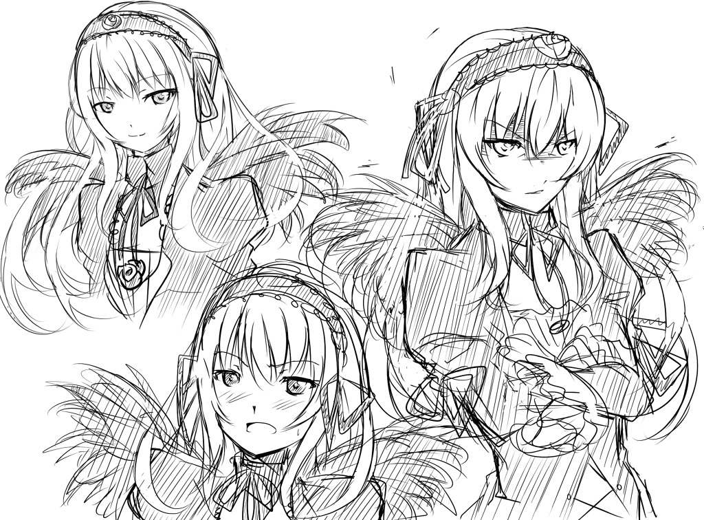 1girl blush closed_mouth eyebrows_visible_through_hair greyscale hairband image long_hair looking_at_viewer monochrome multiple_views open_mouth ribbon sketch smile solo suigintou upper_body white_background