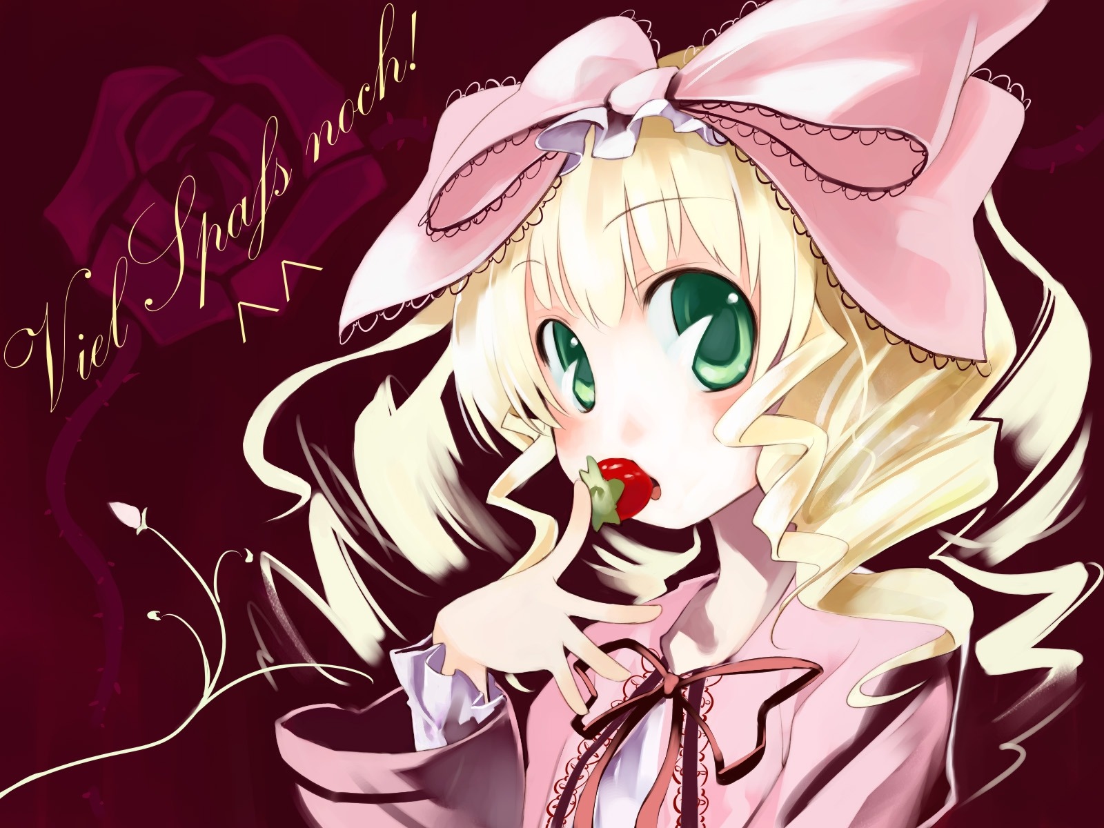 1girl blonde_hair blush bow drill_hair eating food frills fruit german_text green_eyes hair_bow highres hina_ichigo hinaichigo image long_hair long_sleeves object_namesake pink_bow ribbon rozen_maiden solo strawberry upper_body ushiki_yoshitaka