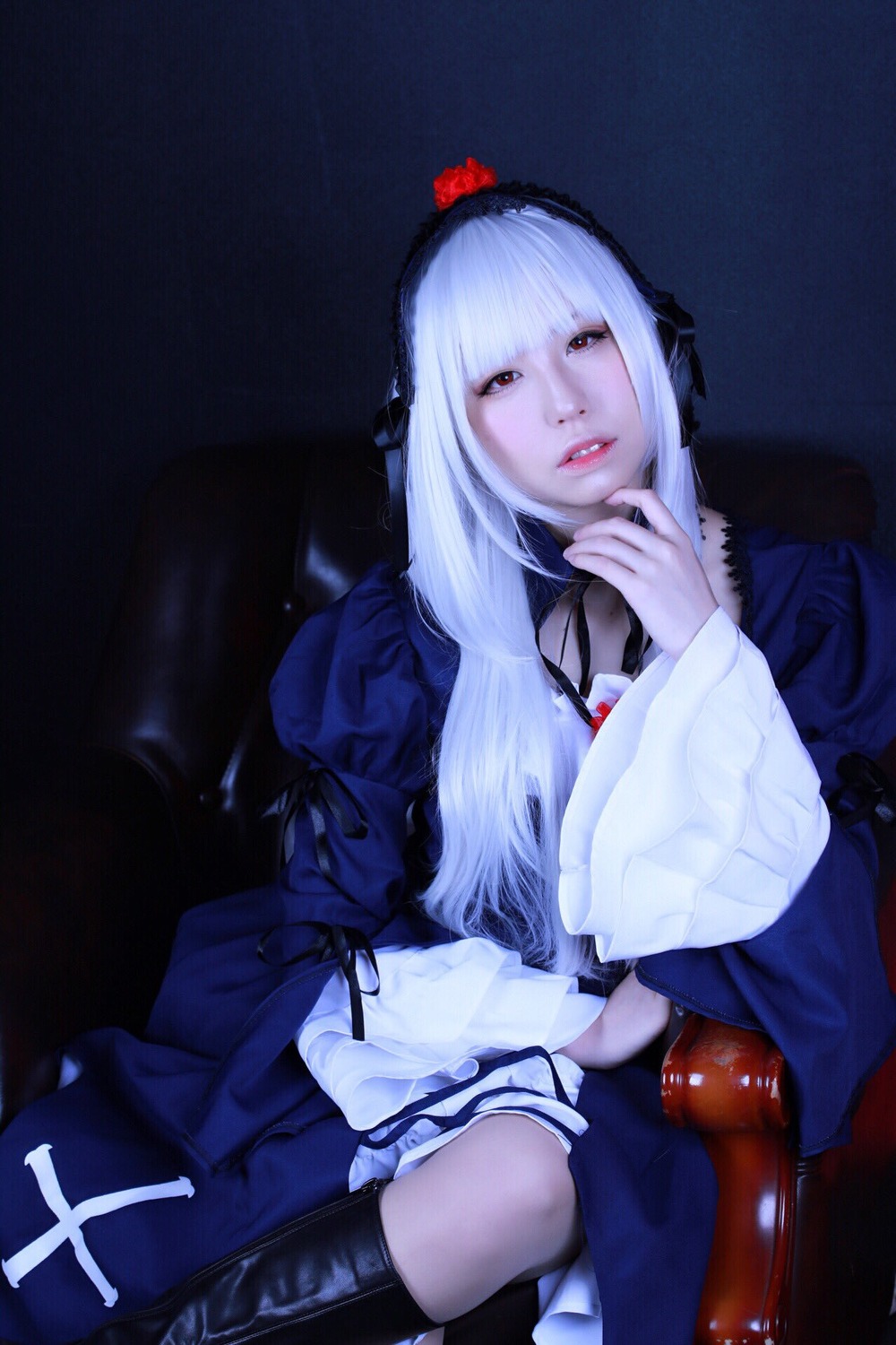 1girl bangs black_legwear chair dress hairband lips long_hair looking_at_viewer nail_polish pale_skin red_eyes sitting solo suigintou white_hair