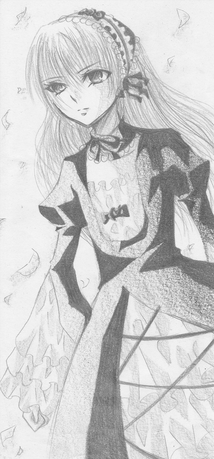 1girl bird dress feathers flower frills greyscale hairband image long_hair long_sleeves looking_at_viewer monochrome petals rose solo suigintou traditional_media