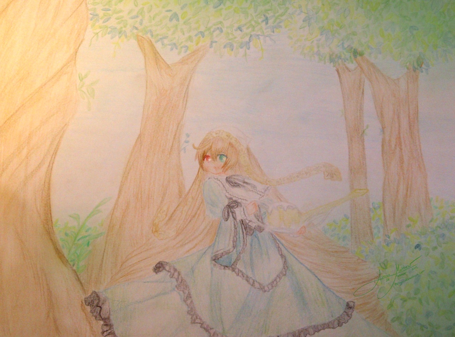 1girl blonde_hair dress frills image long_hair solo suiseiseki traditional_media tree very_long_hair watercolor_(medium) white_dress