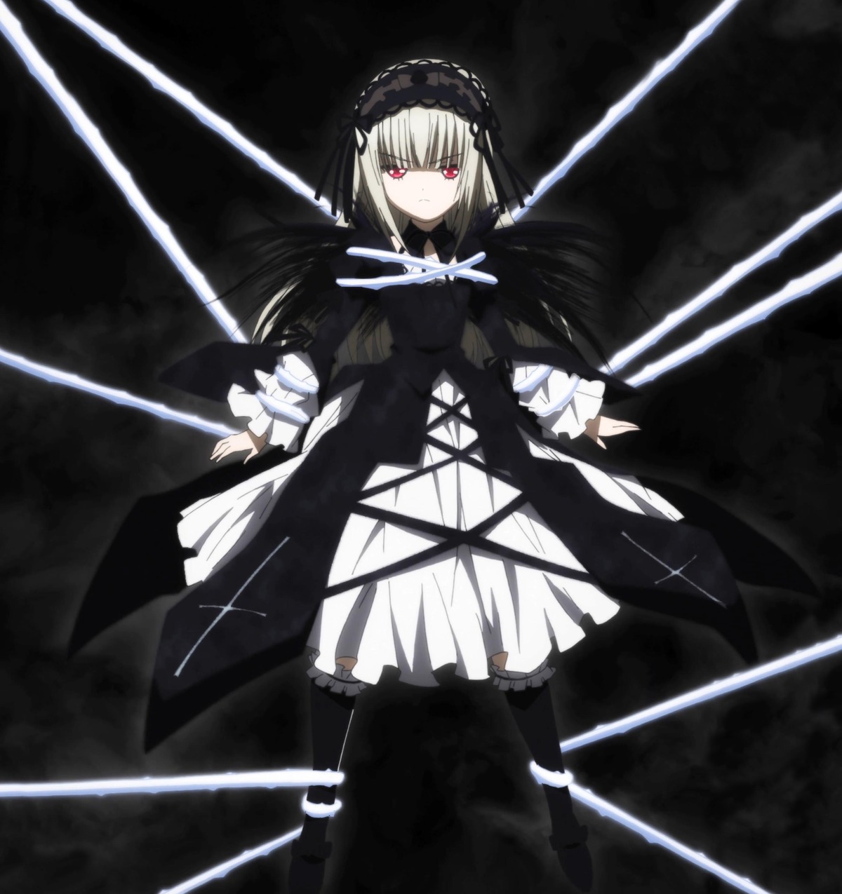 1girl black_wings boots dress frills hairband holding holding_sword holding_weapon image lolita_hairband long_hair long_sleeves looking_at_viewer red_eyes ribbon solo standing suigintou sword weapon wings