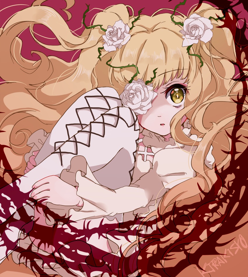 1girl blonde_hair dress eyepatch flower frills hair_flower hair_ornament image kirakishou long_hair pink_rose rose solo thorns torn_clothes two_side_up vines white_flower white_rose yellow_eyes