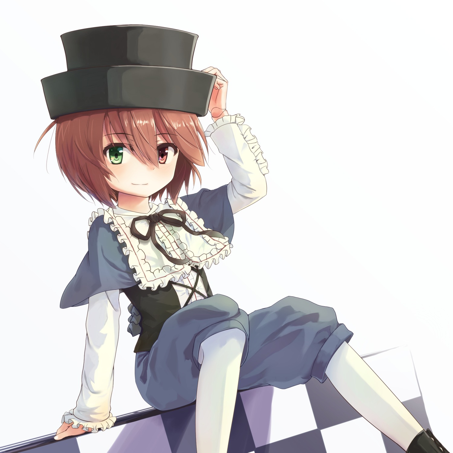 1girl argyle brown_hair checkered checkered_background checkered_floor green_eyes hat heterochromia image long_sleeves looking_at_viewer pants red_eyes short_hair sitting smile solo souseiseki