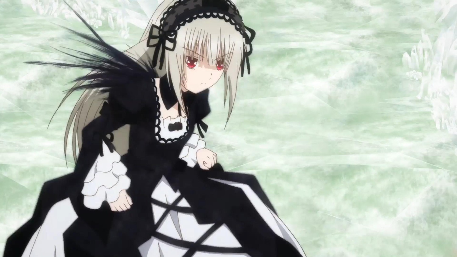1girl black_dress black_ribbon cross-laced_clothes detached_collar dress flower frills hairband image long_hair long_sleeves outdoors red_eyes ribbon silver_hair solo suigintou very_long_hair wings