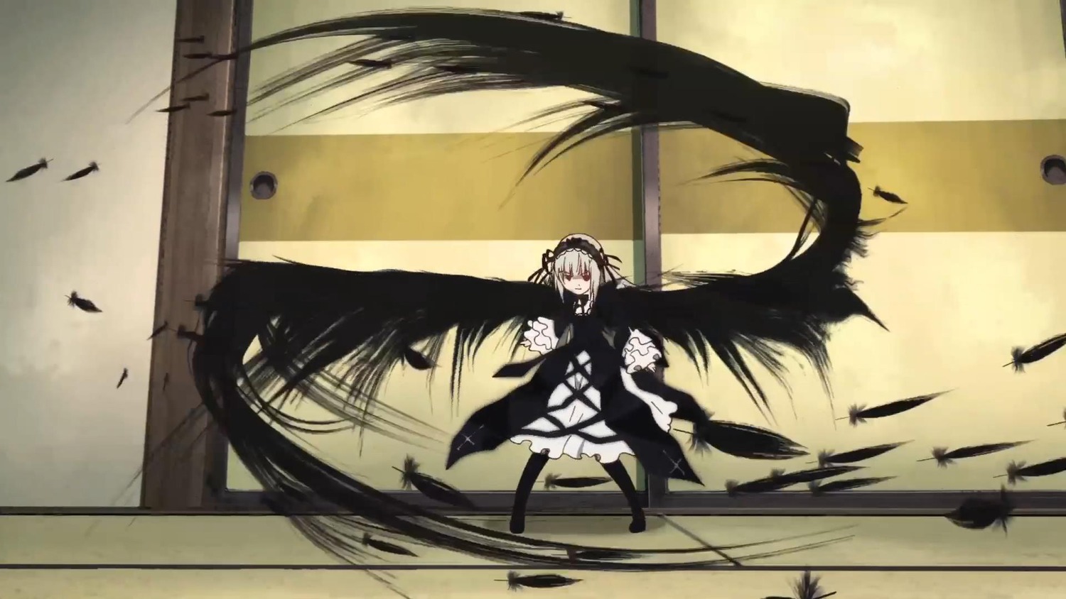 1girl bird black_feathers black_wings dress feathers flower hairband image long_sleeves solo suigintou weapon wings