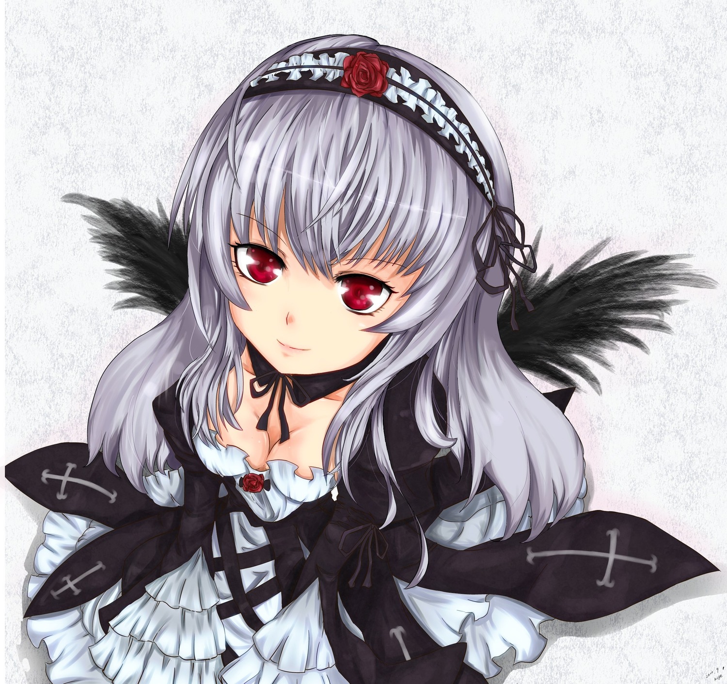 1girl black_wings breasts cleavage detached_collar dress feathers flower frills from_above gothic_lolita hairband image lolita_fashion long_hair long_sleeves looking_at_viewer medium_breasts red_eyes rose silver_hair solo suigintou wings