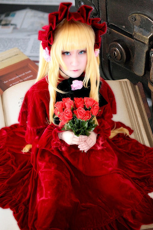 1girl bangs blonde_hair blue_eyes bouquet dress flower holding lips long_hair looking_at_viewer photo red_dress rose shinku sitting solo