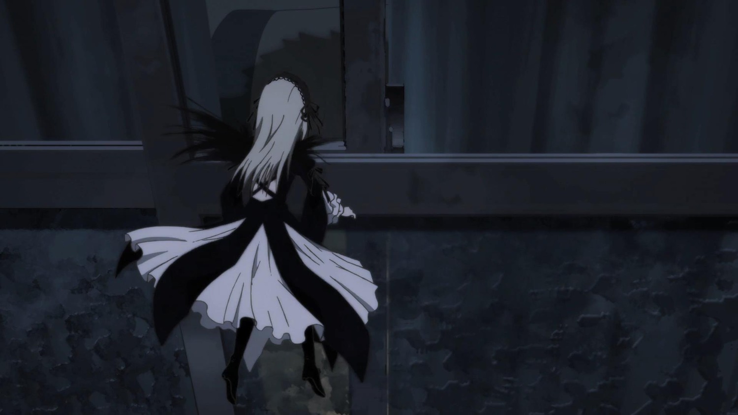 1girl boots dress greyscale image long_hair long_sleeves monochrome solo standing suigintou wings