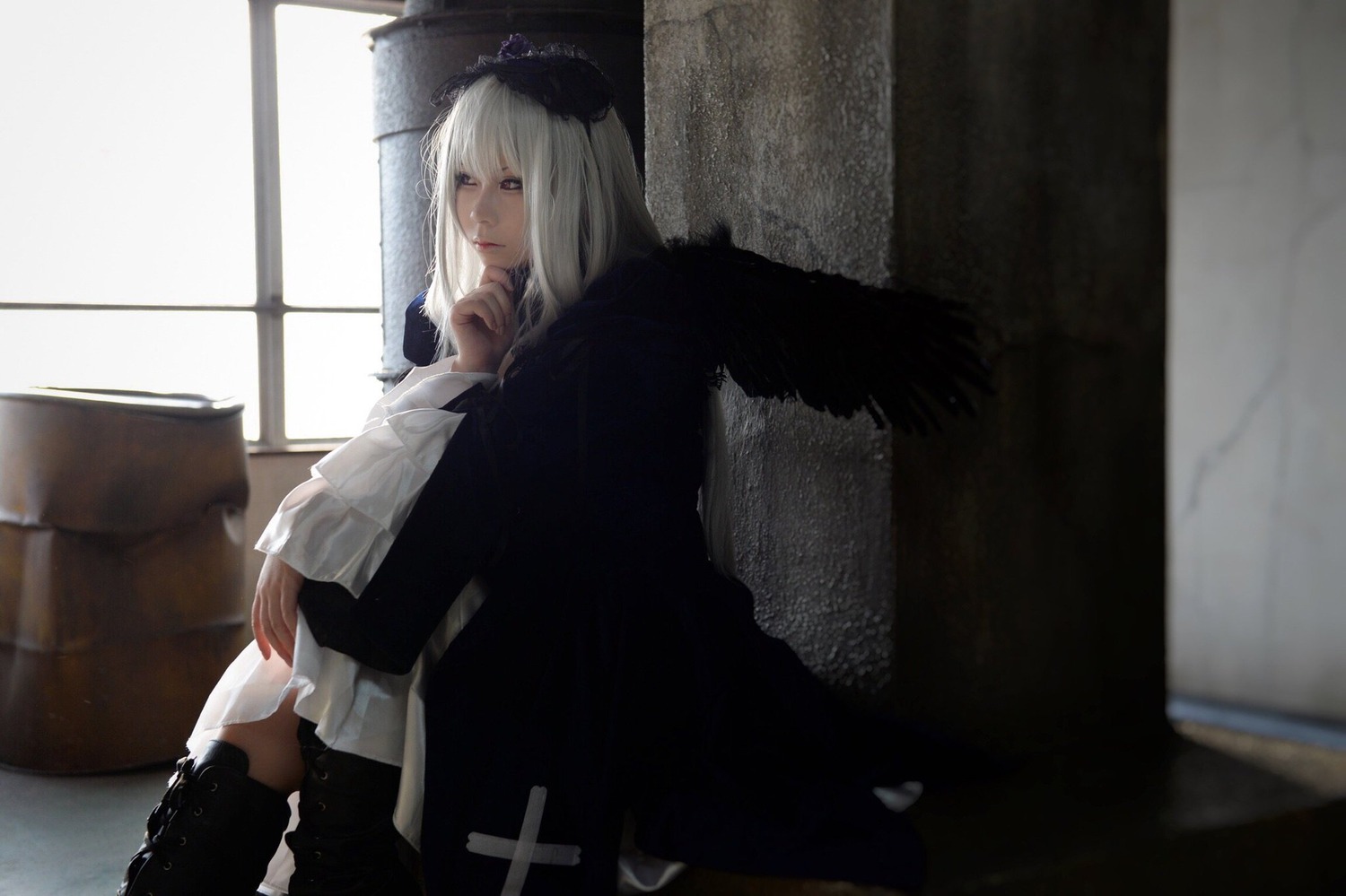 1girl boots cape indoors long_hair sitting solo standing suigintou thighhighs white_hair window