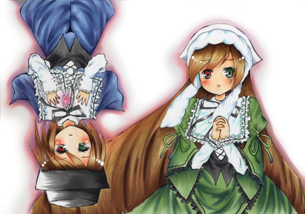 1girl blush brown_hair dress frills green_dress green_eyes hat head_scarf heterochromia image long_hair long_sleeves looking_at_viewer pair red_eyes siblings sisters souseiseki suiseiseki tears twins