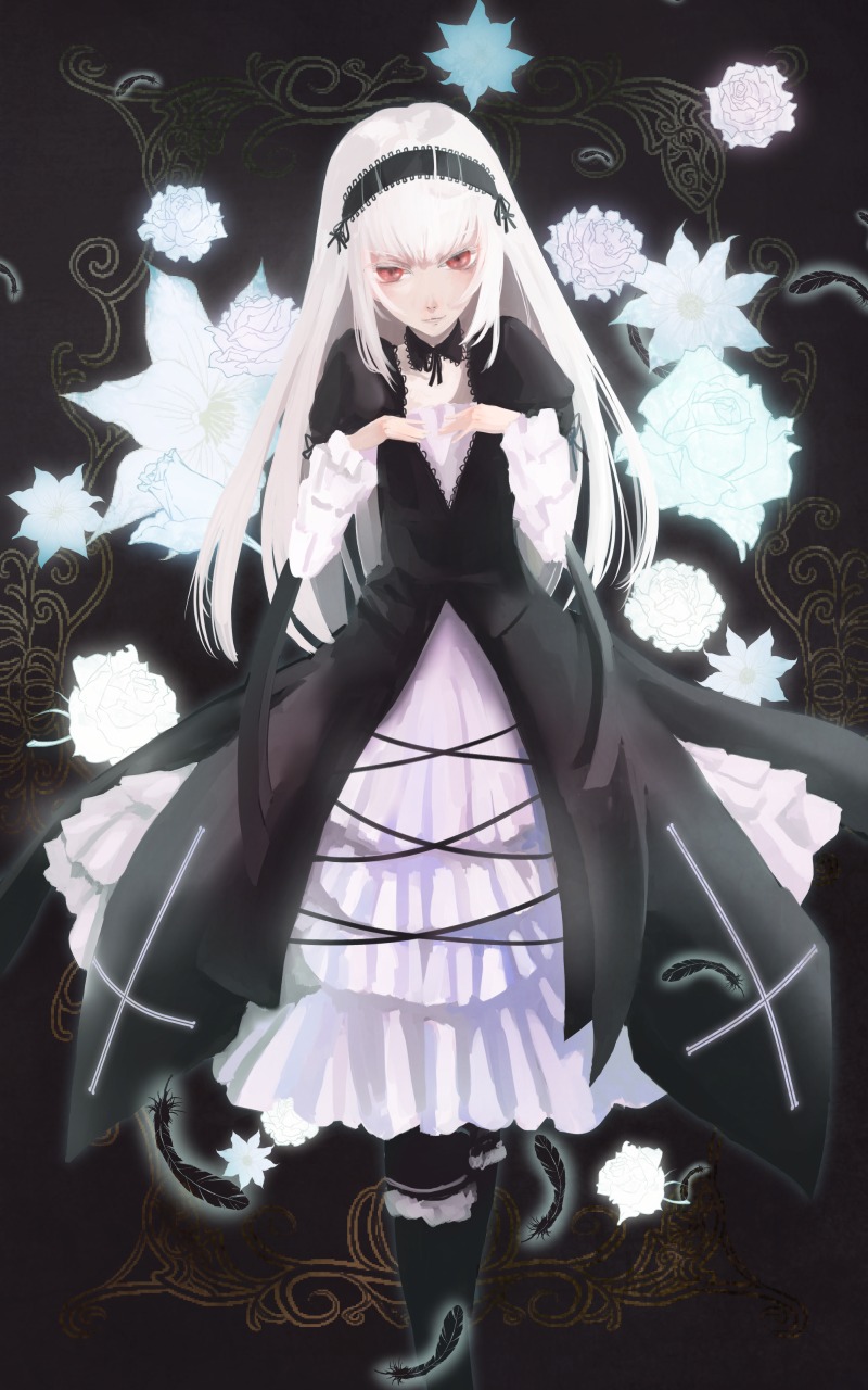 1girl bangs black_dress black_legwear dress floral_background flower frills gothic_lolita hairband image lolita_fashion long_hair long_sleeves looking_at_viewer red_eyes rose solo suigintou very_long_hair white_flower white_hair white_rose