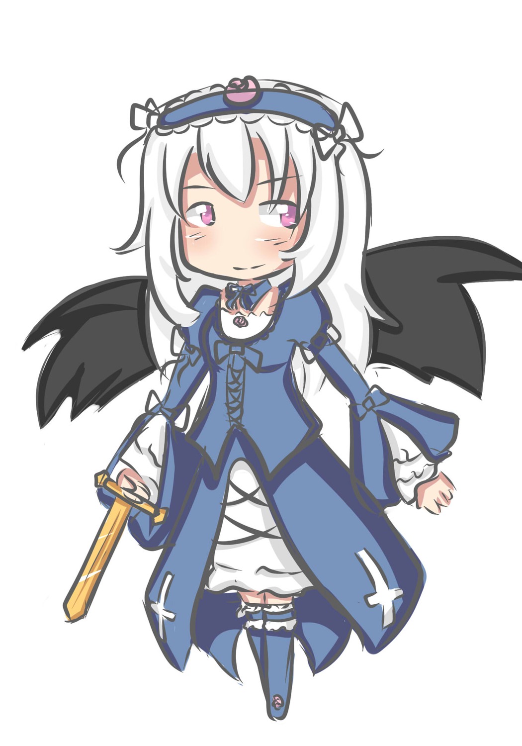 1girl bat_wings black_wings blush dress frills full_body hairband holding image juliet_sleeves long_hair long_sleeves looking_at_viewer pink_eyes puffy_sleeves smile solo striped suigintou sword weapon white_background white_hair wings
