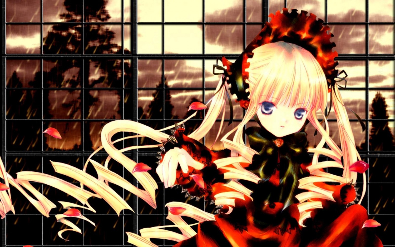 1girl blonde_hair blue_eyes bonnet bow dress flower image indoors lolita_fashion long_hair long_sleeves looking_at_viewer petals rose shinku solo twintails window