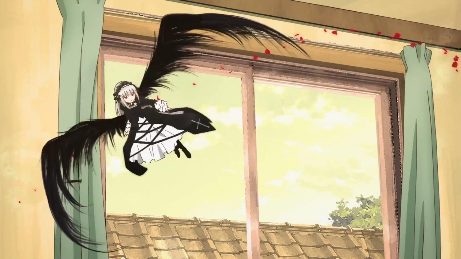 1girl black_dress black_wings curtains dress feathered_wings flower hairband image long_hair long_sleeves rose silver_hair solo suigintou window wings